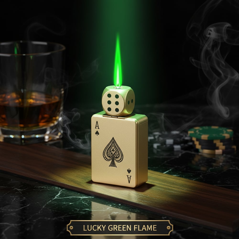 (Pack Of 2) Card Dice Spinner Green Flame Lighter.(5 Times Refill Liquid)